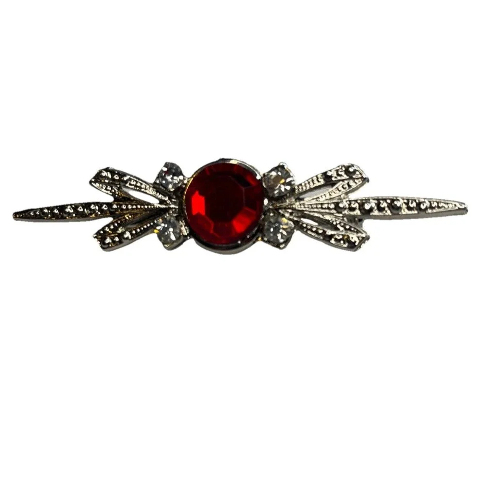 Jewelry Bar Brooch Red Center Stone Clear Rhinestones Bow Tie Silver Tone 3 Inch